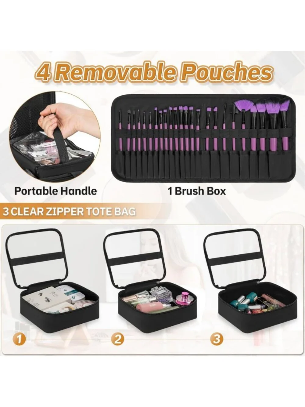 Extra Large Makeup Organizer with 4 Removable Pouches & Brush Holder - Travel